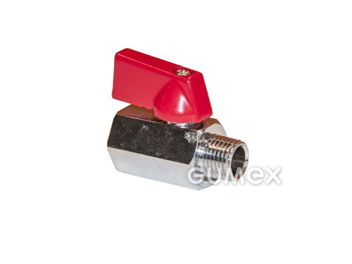 Guľový kohút šesťhranný s páčkou pre vzduch a vodu, DN6, vnútorný závit G 1/4", vonkajší závit G 1/4", 25bar, tesnenie PTFE, páčka hliník, -10°C/+110°C, mosadz